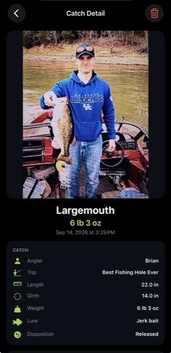 A real Anglerhood Catch Detail screen showing a largemouth bass